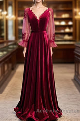 Wine Red Velvet Long Party Dresses Evening Prom Dresses, A-Line Long Sleeves Formal Dresses